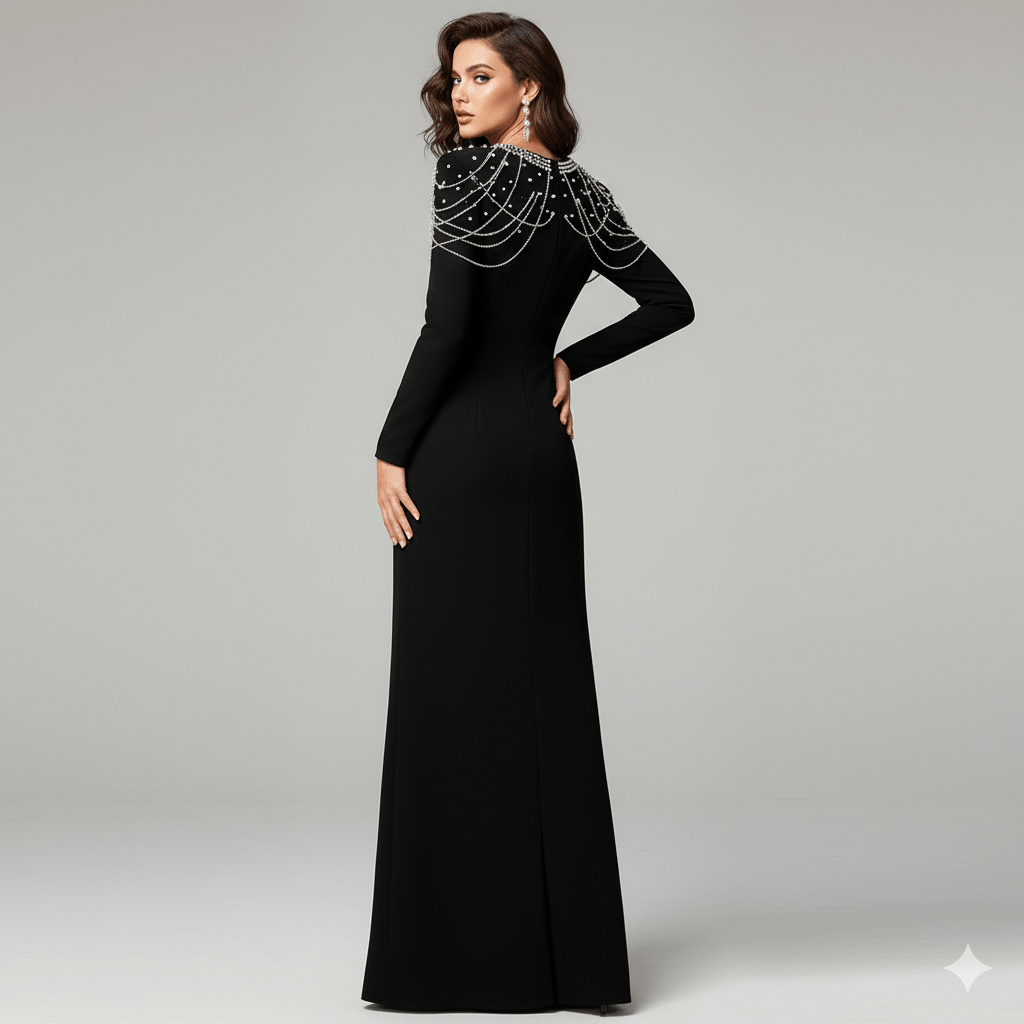 Valentina Embellished Evening Gown by Luxe Lane | Formal Gown from Luxe Lane | SKU:  | Barcode:  | Options: Black S | Black evening gown with beaded neckline on a gray background