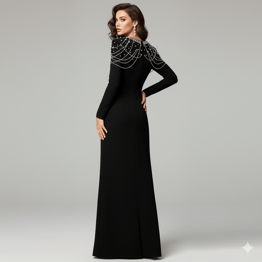 Valentina Embellished Evening Gown by Luxe Lane | Formal Gown from Luxe Lane | SKU:  | Barcode:  | Options: Black S | Black evening gown with beaded neckline on a gray background