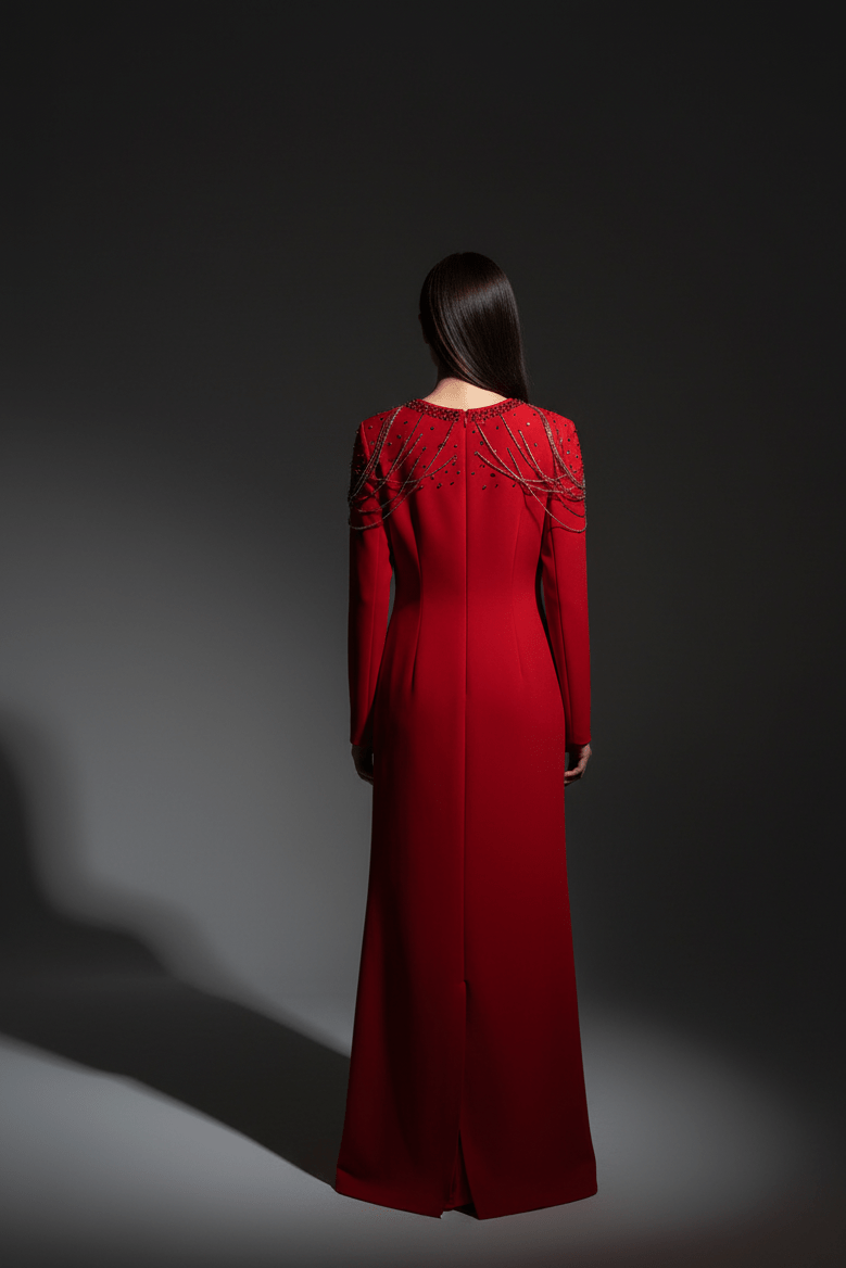 Valentina Embellished Evening Gown by Luxe Lane | Formal Gown from Luxe Lane | SKU:  | Barcode:  | Options: Black S | Red evening gown with intricate detailing on a dark background