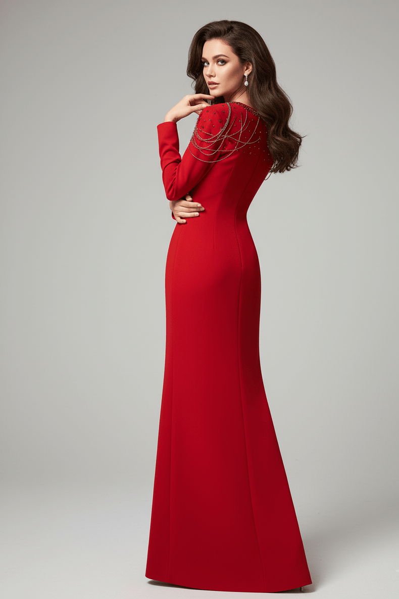 Valentina Embellished Evening Gown by Luxe Lane | Formal Gown from Luxe Lane | SKU:  | Barcode:  | Options: Black S | Woman wearing a red evening gown on a gray background