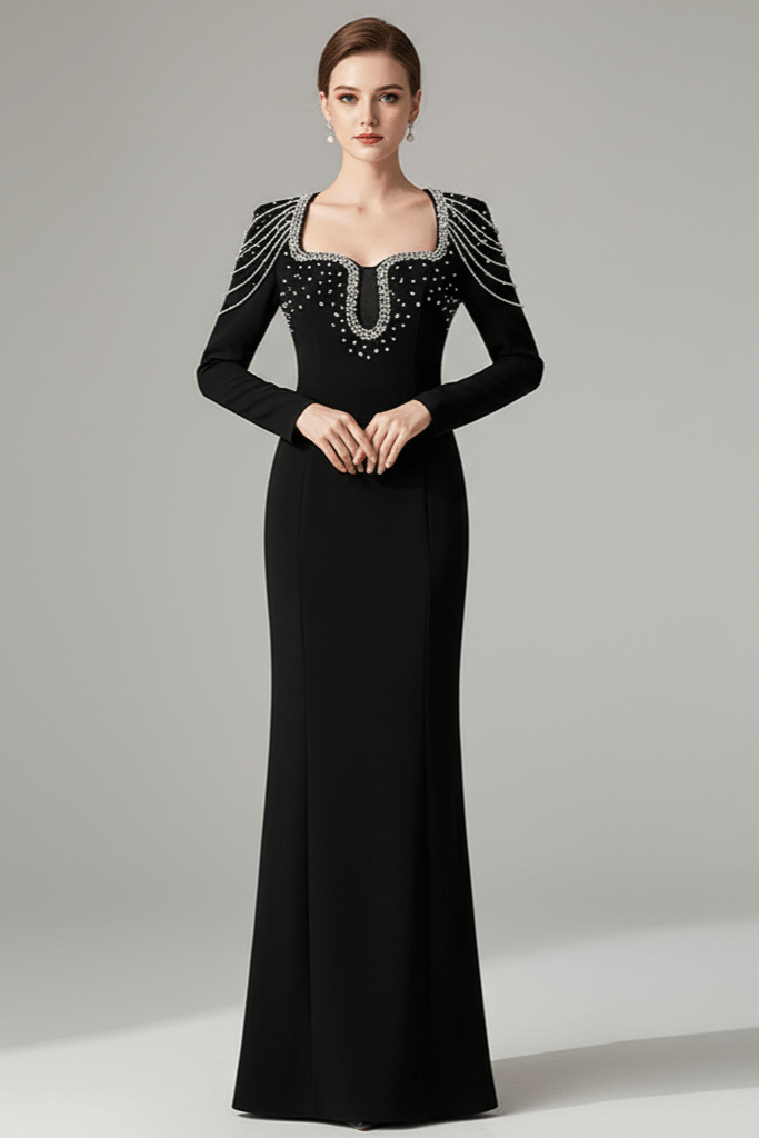 Valentina Embellished Evening Gown by Luxe Lane | Formal Gown from Luxe Lane | SKU:  | Barcode:  | Options: Black S | Black evening gown with silver embellishments on a gray background