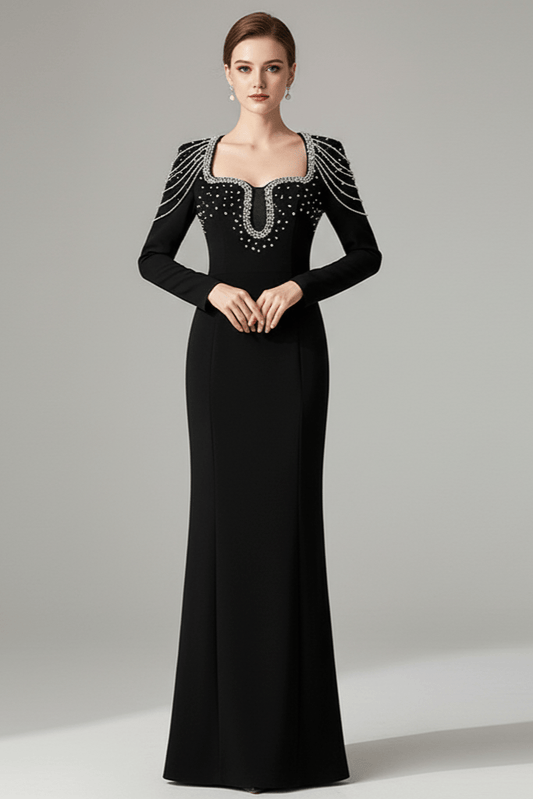 Valentina Embellished Evening Gown by Luxe Lane | Formal Gown from Luxe Lane | SKU:  | Barcode:  | Options: Black S | Black evening gown with silver embellishments on a gray background