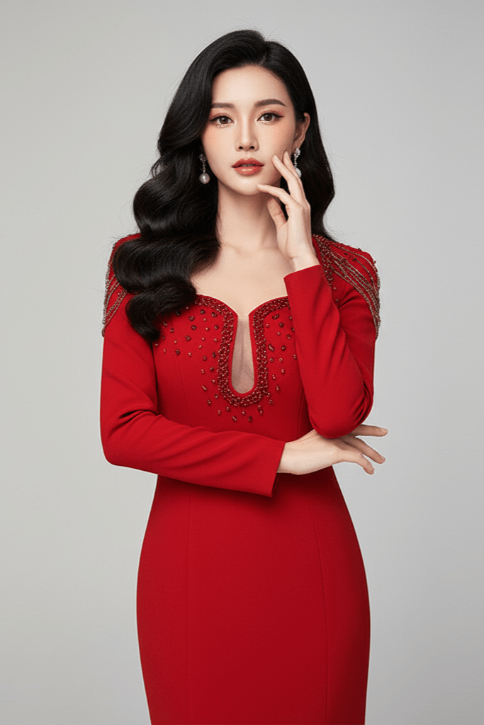 Valentina Embellished Evening Gown by Luxe Lane | Formal Gown from Luxe Lane | SKU:  | Barcode:  | Options: Red S | Woman wearing a red dress with intricate detailing on a gray background