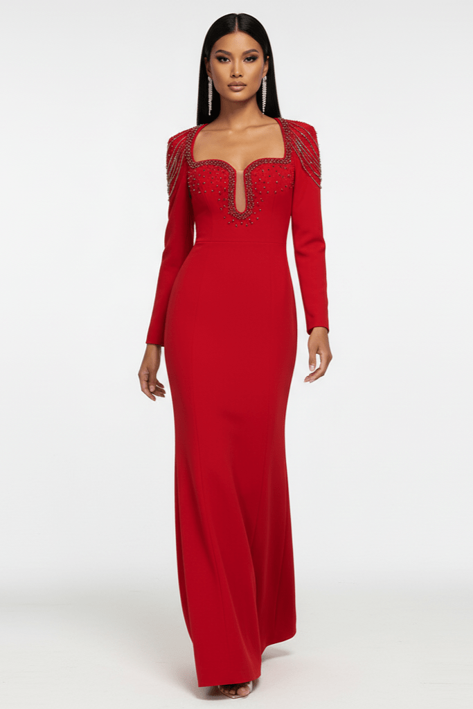 Valentina Embellished Evening Gown by Luxe Lane | Formal Gown from Luxe Lane | SKU:  | Barcode:  | Options: Red S | Red evening gown with intricate detailing on a white background