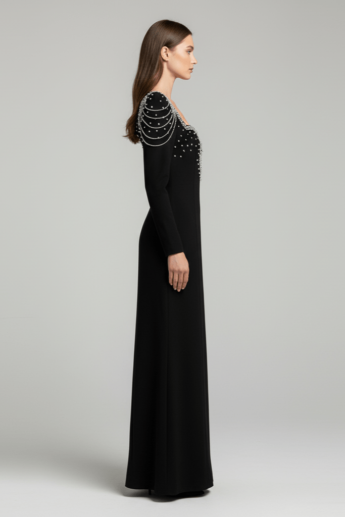 Valentina Embellished Evening Gown by Luxe Lane | Formal Gown from Luxe Lane | SKU:  | Barcode:  | Options: Red S | Black evening gown with intricate detailing on a gray background