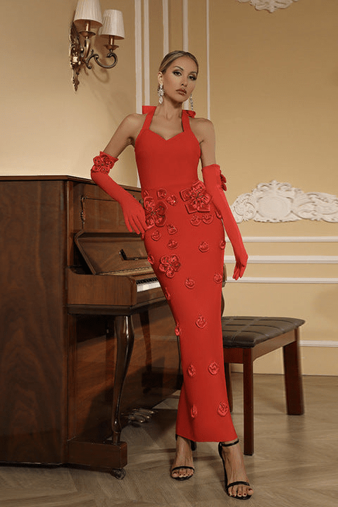 Valentina Rose Halter Backless by Shine | 2 piece long set from Luxe Lane | SKU: -5 | Barcode:  | Options: Red S | Elegant Red Halter Neck Maxi Dress Luxury Women's 3D Flower Backless Bow Party Evening Dresses Formal Gown With Long Gloves