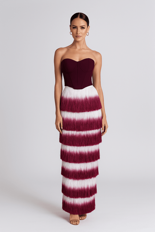 Valentina Wine Red Corset & Gradient Fringe Skirt Set by Luxe Lane | from Luxe Lane | SKU:  | Barcode:  | Options: Wine Red XS | Valentina Wine Red Corset & Gradient Fringe Skirt Set