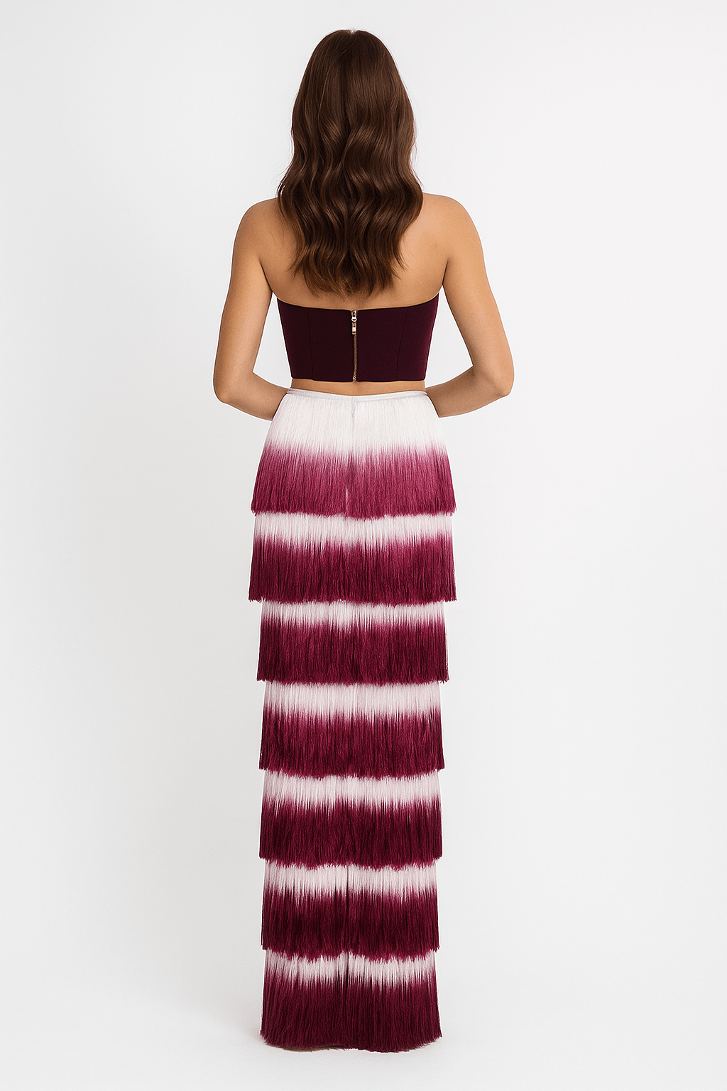 Valentina Wine Red Corset & Gradient Fringe Skirt Set by Luxe Lane | from Luxe Lane | SKU:  | Barcode:  | Options: Wine Red XS | Valentina Wine Red Corset & Gradient Fringe Skirt Set