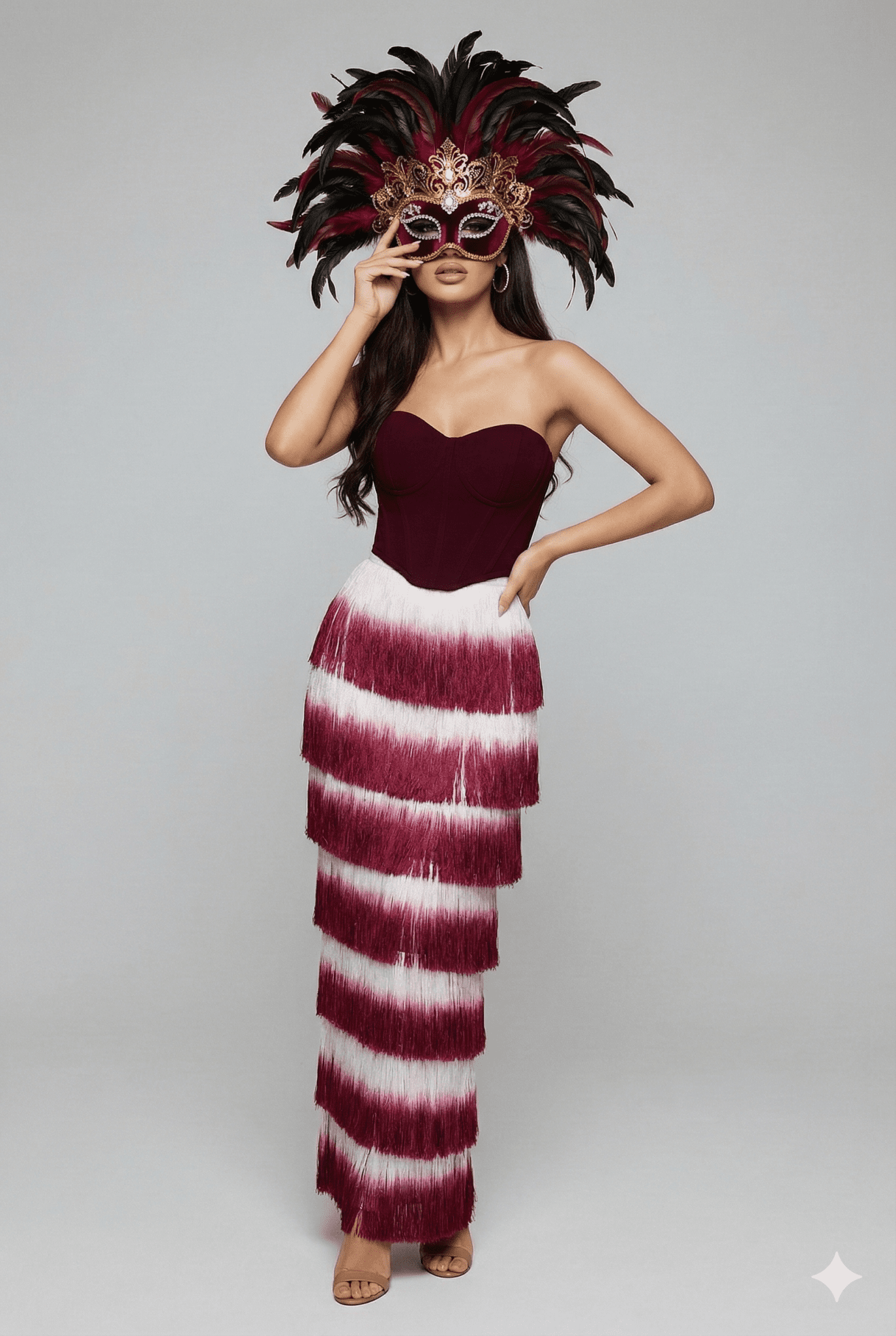 Valentina Wine Red Corset & Gradient Fringe Skirt Set by Luxe Lane | from Luxe Lane | SKU:  | Barcode:  | Options: Wine Red XS | Valentina Wine Red Corset & Gradient Fringe Skirt Set