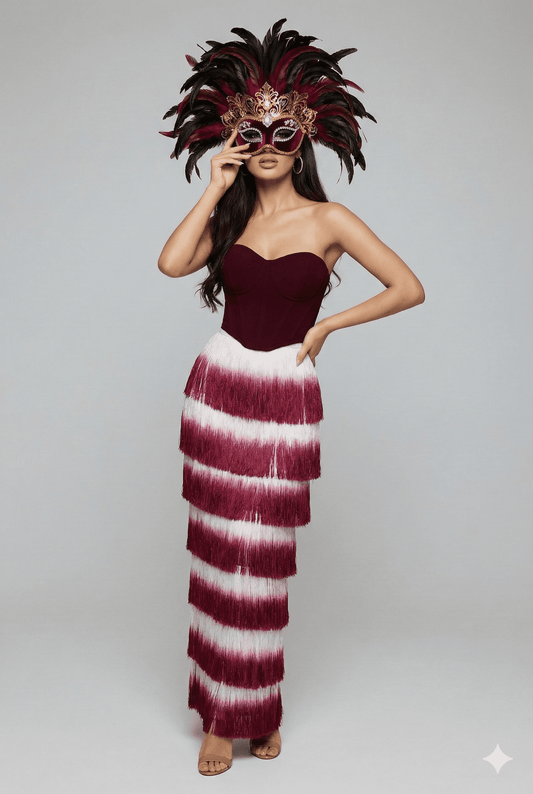 Valentina Wine Red Corset & Gradient Fringe Skirt Set by Luxe Lane | from Luxe Lane | SKU:  | Barcode:  | Options: Wine Red XS | Valentina Wine Red Corset & Gradient Fringe Skirt Set
