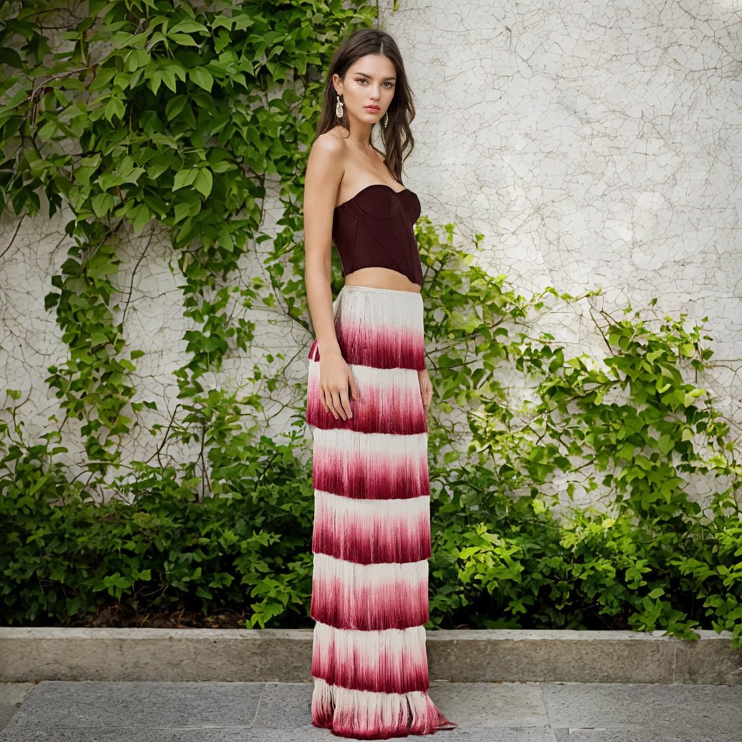 Valentina Wine Red Corset & Gradient Fringe Skirt Set by Luxe Lane | from Luxe Lane | SKU:  | Barcode:  | Options: Wine Red XS | Custom Womens Clothing Manufacturers Elegant Summer Sets Wine Red Corset Top Gradient Fringe Evening Dress Two Piece Set
