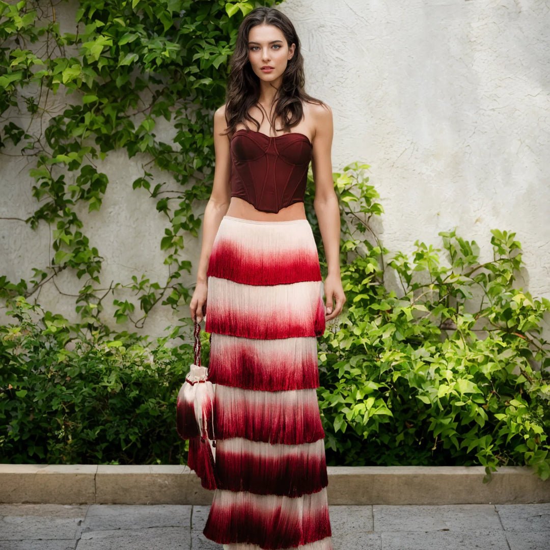 Valentina Wine Red Corset & Gradient Fringe Skirt Set by Luxe Lane | from Luxe Lane | SKU:  | Barcode:  | Options: Wine Red XS | Custom Womens Clothing Manufacturers Elegant Summer Sets Wine Red Corset Top Gradient Fringe Evening Dress Two Piece Set