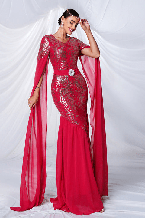 Valeria Red Sequin Mermaid Gown by Luxe Lane | mermaid gown from Luxe Lane | SKU: -1 | Barcode:  | Options: Red S | Luxury Red Evening Dresses Women Sequin Maxi Formal Gown Elegant Party Dress Wedding Guest Prom Banquet Fashion Wear