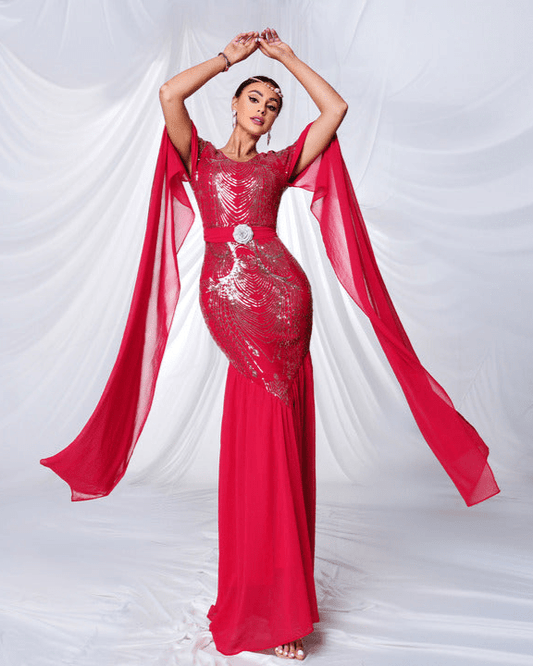 Valeria Red Sequin Mermaid Gown by Luxe Lane | mermaid gown from Luxe Lane | SKU: -1 | Barcode:  | Options: Red S | Luxury Red Evening Dresses Women Sequin Maxi Formal Gown Elegant Party Dress Wedding Guest Prom Banquet Fashion Wear