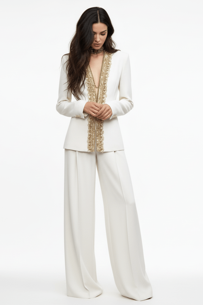 Valeria White Beaded Suit Set by Shine | Suits from Luxe Lane | SKU:  | Barcode:  | Options: White S | Valeria White Beaded Suit Set