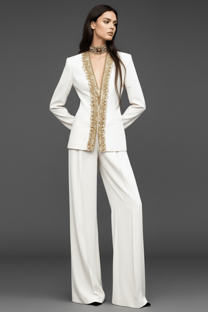 Valeria White Beaded Suit Set by Shine | Suits from Luxe Lane | SKU:  | Barcode:  | Options: White S | Woman wearing a white outfit with gold embroidery on a gray background
