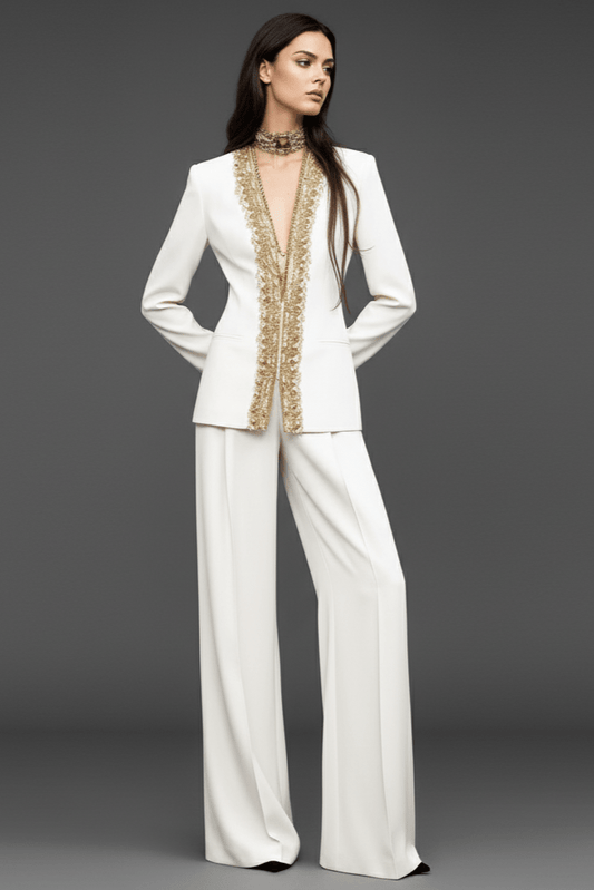 Valeria White Beaded Suit Set by Shine | Suits from Luxe Lane | SKU:  | Barcode:  | Options: White S | Woman wearing a white outfit with gold embroidery on a gray background