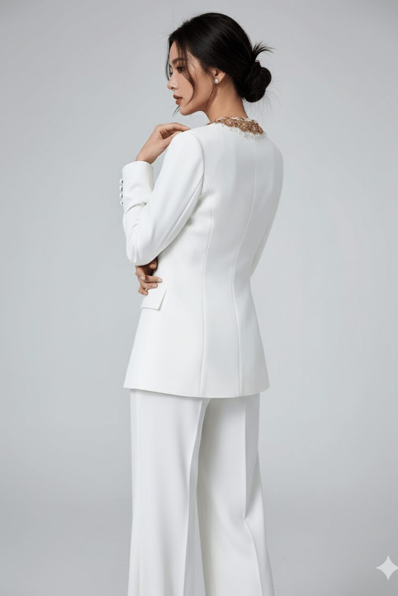 Valeria White Beaded Suit Set by Shine | Suits from Luxe Lane | SKU:  | Barcode:  | Options: White S | Valeria White Beaded Suit Set