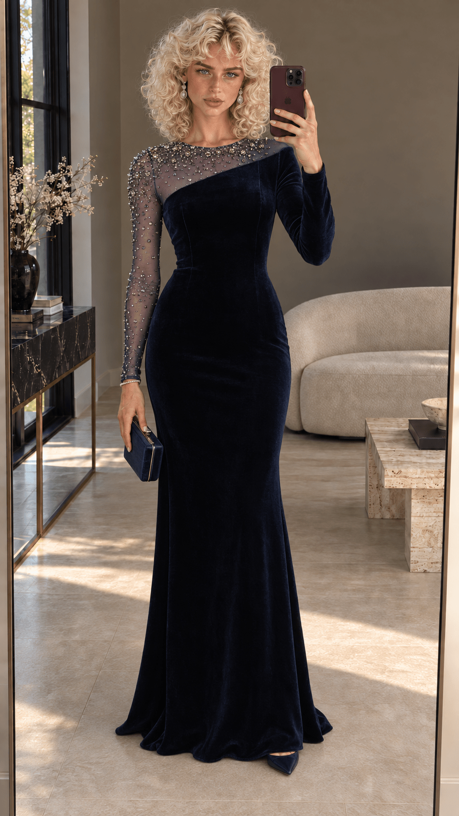 Velvet Beaded Mesh Sleeve Mermaid Evening GownParty dressesDark BlueSdark blueLuxe Lane
