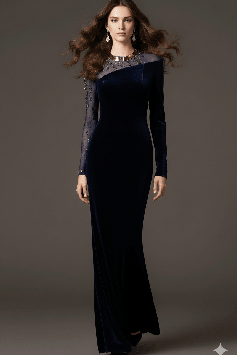 Velvet Beaded Mesh Sleeve Mermaid Evening Gown by Guangdong | Party dresses from Luxe Lane | SKU: W11276-1 | Barcode:  | Options: Dark Blue S(6) | Woman wearing a long, dark blue evening gown against a gray background