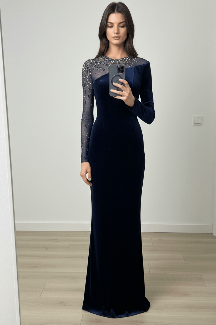 Velvet Beaded Mesh Sleeve Mermaid Evening GownParty dressesDark BlueS(6)dark blueLuxe Lane