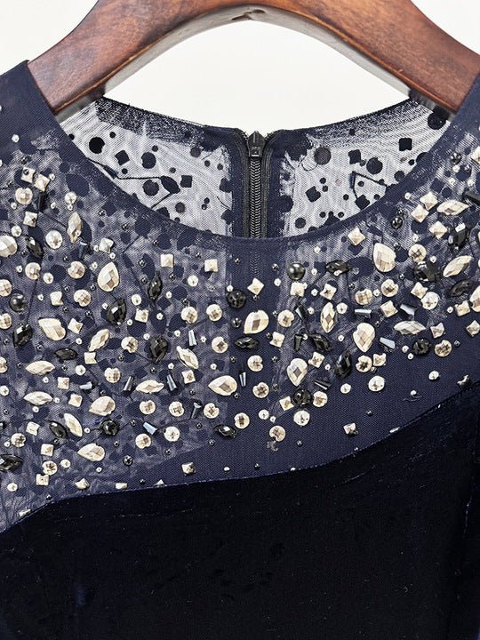 Velvet Beaded Mesh Sleeve Mermaid Evening Gown by Guangdong | Party dresses from Luxe Lane | SKU: W11276-1 | Barcode:  | Options: Dark Blue S(6) | Elegant Navy Blue Velvet Evening Gown Beaded Mesh Sleeve Mermaid Maxi Party Dresses for Formal Events Proms and Galas