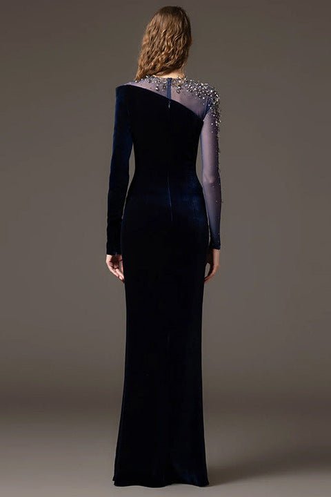 Velvet Beaded Mesh Sleeve Mermaid Evening Gown by Guangdong | Party dresses from Luxe Lane | SKU: W11276-1 | Barcode:  | Options: Dark Blue S(6) | Elegant Navy Blue Velvet Evening Gown Beaded Mesh Sleeve Mermaid Maxi Party Dresses for Formal Events Proms and Galas