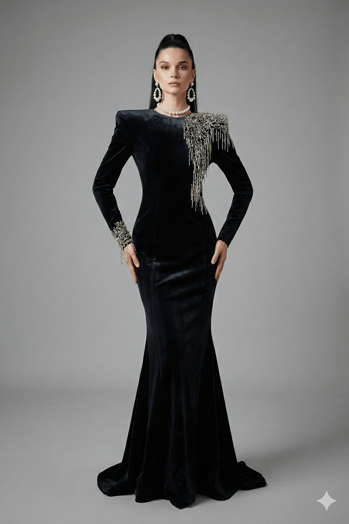 Velvet Beaded Tassel Floor - Length Evening Gown by Shine | mermaid gown from Luxe Lane | SKU: W11298-1 | Barcode:  | Options: Black S(6) | Black evening gown with intricate detailing on a gray background