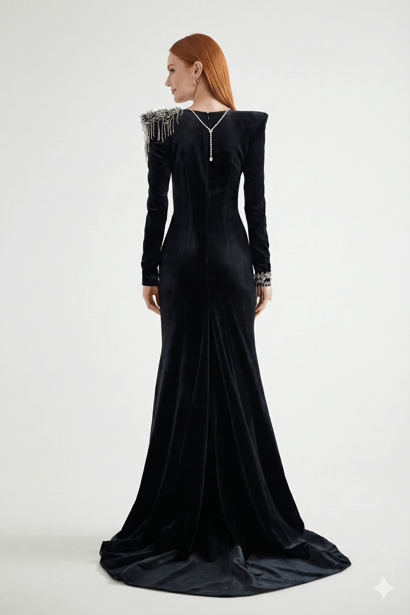 Velvet Beaded Tassel Floor - Length Evening Gown by Shine | mermaid gown from Luxe Lane | SKU: W11298-1 | Barcode:  | Options: Black S(6) | Black evening gown with intricate detailing on a white background