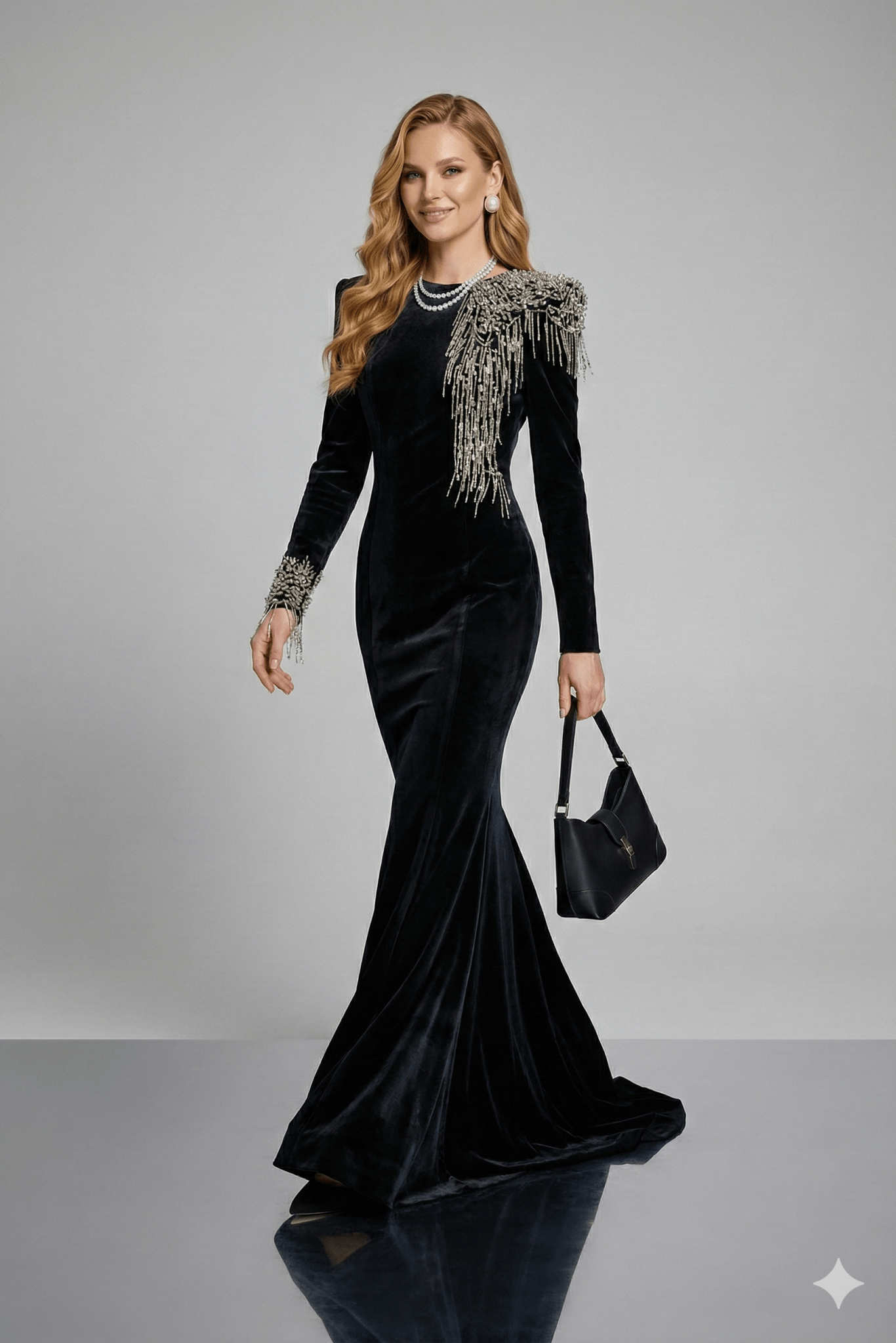 Velvet Beaded Tassel Floor - Length Evening Gown by Shine | mermaid gown from Luxe Lane | SKU: W11298-1 | Barcode:  | Options: Black S(6) | Woman wearing a black evening gown with silver embellishments on a gray background