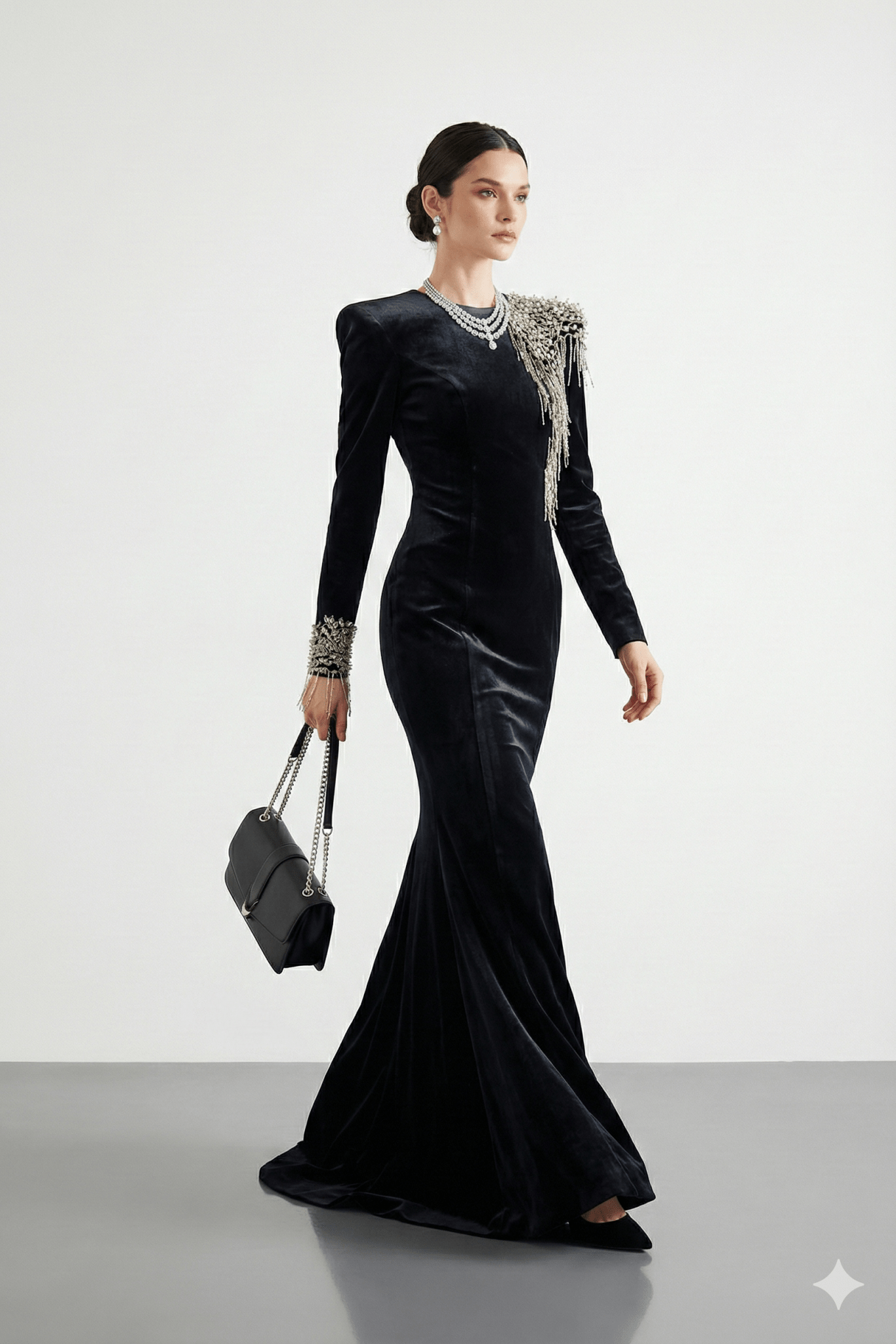 Velvet Beaded Tassel Floor - Length Evening Gown by Shine | mermaid gown from Luxe Lane | SKU: W11298-1 | Barcode:  | Options: Black S(6) | Woman wearing a black evening gown with intricate detailing on a white background