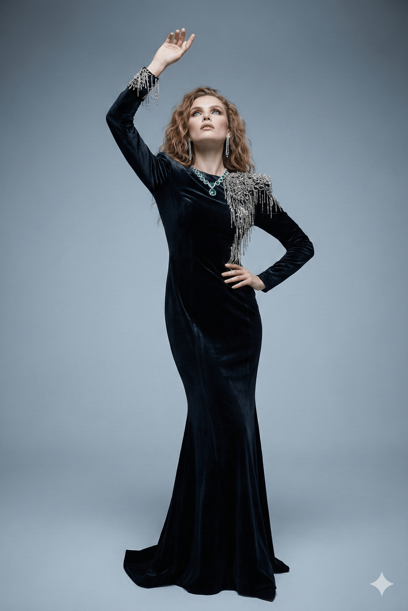 Velvet Beaded Tassel Floor - Length Evening Gown by Shine | mermaid gown from Luxe Lane | SKU: W11298-1 | Barcode:  | Options: Black S(6) | Woman in a black evening gown with embellishments on a gray background