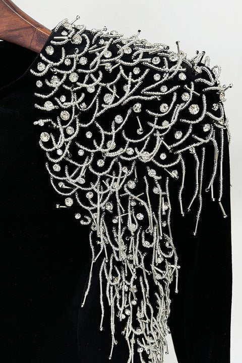 Velvet Beaded Tassel Floor - Length Evening Gown by Shine | mermaid gown from Luxe Lane | SKU: W11298-1 | Barcode:  | Options: Black S(6) | Luxury Velvet Black Evening Dresses Floor Length Bodycon Maxi Party Dress Women Elegant Long Sleeve Beaded Tassel Formal Gown