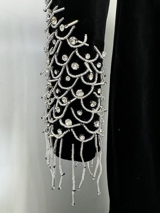 Velvet Beaded Tassel Floor - Length Evening Gown by Shine | mermaid gown from Luxe Lane | SKU: W11298-1 | Barcode:  | Options: Black S(6) | Luxury Velvet Black Evening Dresses Floor Length Bodycon Maxi Party Dress Women Elegant Long Sleeve Beaded Tassel Formal Gown