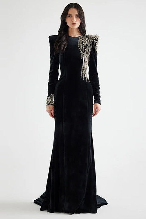 Velvet Beaded Tassel Floor - Length Evening Gown by Shine | mermaid gown from Luxe Lane | SKU: W11298-1 | Barcode:  | Options: Black S(6) | Luxury Velvet Black Evening Dresses Floor Length Bodycon Maxi Party Dress Women Elegant Long Sleeve Beaded Tassel Formal Gown