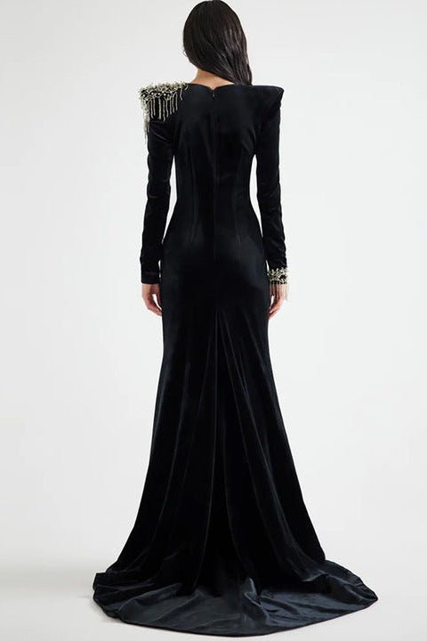 Velvet Beaded Tassel Floor - Length Evening Gown by Shine | mermaid gown from Luxe Lane | SKU: W11298-1 | Barcode:  | Options: Black S(6) | Luxury Velvet Black Evening Dresses Floor Length Bodycon Maxi Party Dress Women Elegant Long Sleeve Beaded Tassel Formal Gown