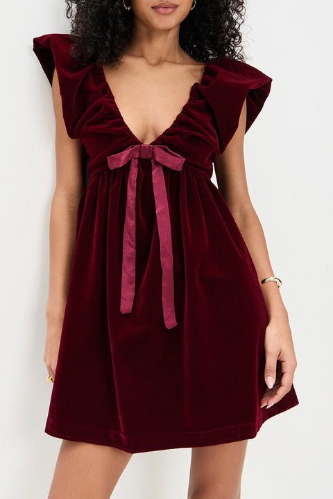 Velvet Bow Deep V Mini Evening Dress by Luxe Lane | Club Dresses from Luxe Lane | SKU: -1 | Barcode:  | Options: Red XS(4) | OEM ODM Dropshipping Custom Deep V Neck Bow Elegant Party Evening Wear Burgundy Velvet Women's Mini Dress