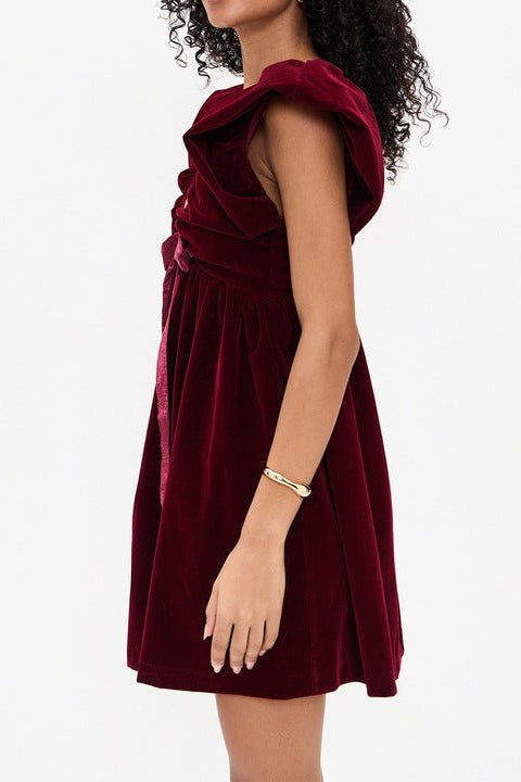 Velvet Bow Deep V Mini Evening Dress by Luxe Lane | Club Dresses from Luxe Lane | SKU: -1 | Barcode:  | Options: Red XS(4) | OEM ODM Dropshipping Custom Deep V Neck Bow Elegant Party Evening Wear Burgundy Velvet Women's Mini Dress