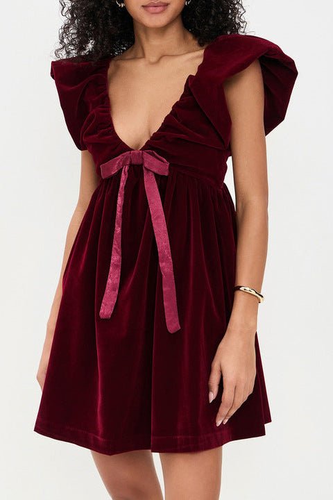 Velvet Bow Deep V Mini Evening Dress by Luxe Lane | Club Dresses from Luxe Lane | SKU: -1 | Barcode:  | Options: Red XS(4) | OEM ODM Dropshipping Custom Deep V Neck Bow Elegant Party Evening Wear Burgundy Velvet Women's Mini Dress