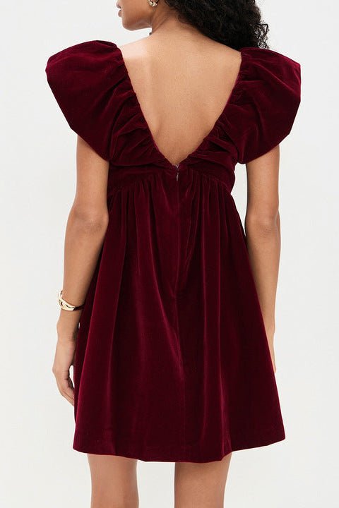 Velvet Bow Deep V Mini Evening Dress by Luxe Lane | Club Dresses from Luxe Lane | SKU: -1 | Barcode:  | Options: Red XS(4) | OEM ODM Dropshipping Custom Deep V Neck Bow Elegant Party Evening Wear Burgundy Velvet Women's Mini Dress