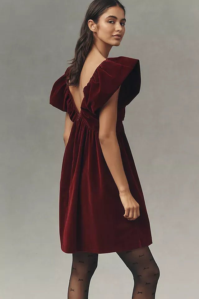 Velvet Bow Deep V Mini Evening Dress by Luxe Lane | Club Dresses from Luxe Lane | SKU: -1 | Barcode:  | Options: Red XS(4) | Velvet Bow Deep V Mini Evening Dress