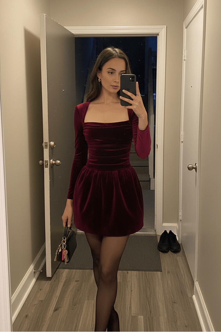 Velvet Square Neck Long Sleeve Bodycon Mini DressClub DressesRedXS(4)blackLuxe Lane