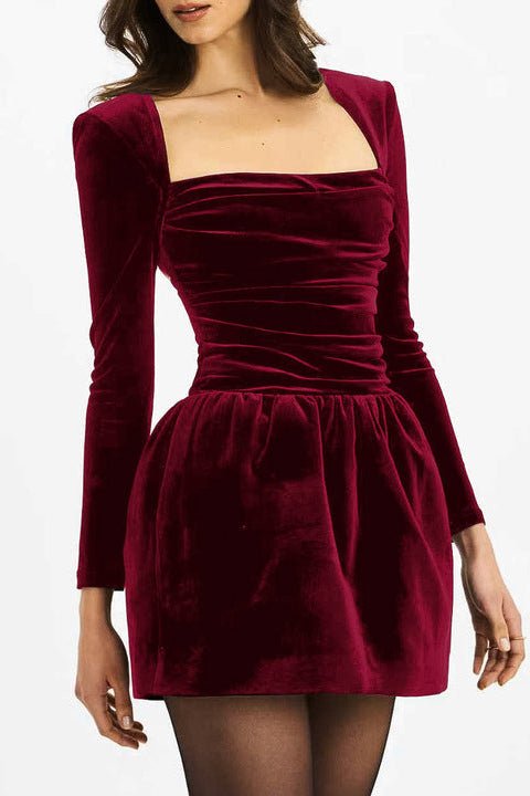 Velvet Square Neck Long Sleeve Bodycon Mini Dress by Shine | Club Dresses from Luxe Lane | SKU: -1 | Barcode:  | Options: Red XS(4) | OEM Wholesale Elegant Women Party Evening Dresses Manufacturer Custom Velvet Square Neck Long Sleeve Bodycon Mini Dress