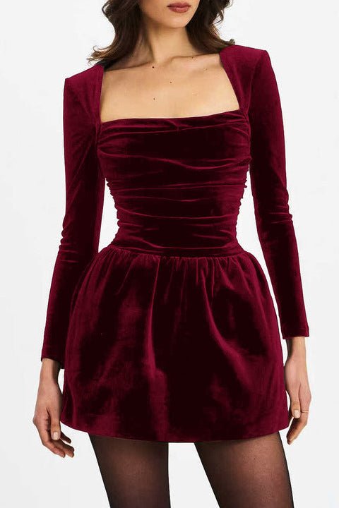 Velvet Square Neck Long Sleeve Bodycon Mini Dress by Shine | Club Dresses from Luxe Lane | SKU: -5 | Barcode:  | Options: Black XS(4) | OEM Wholesale Elegant Women Party Evening Dresses Manufacturer Custom Velvet Square Neck Long Sleeve Bodycon Mini Dress