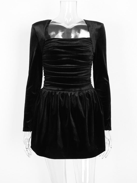 Velvet Square Neck Long Sleeve Bodycon Mini Dress by Shine | Club Dresses from Luxe Lane | SKU: -5 | Barcode:  | Options: Black XS(4) | OEM Wholesale Elegant Women Party Evening Dresses Manufacturer Custom Velvet Square Neck Long Sleeve Bodycon Mini Dress