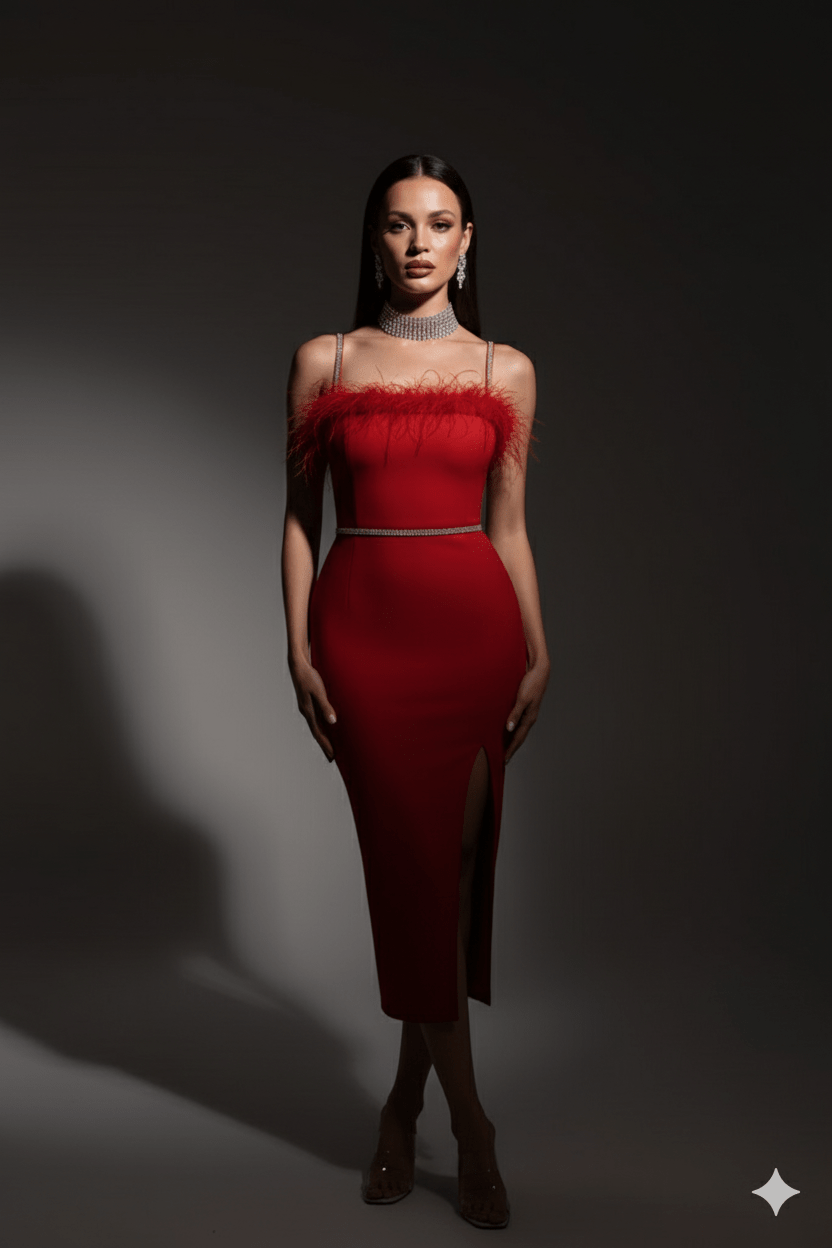 Verona Luxe Feather - Trim Strapless Crystal Bandage Dress by Luxe Lane | from Luxe Lane | SKU:  | Barcode:  | Options: Black XS | Verona Luxe Feather - Trim Strapless Crystal Bandage Dress