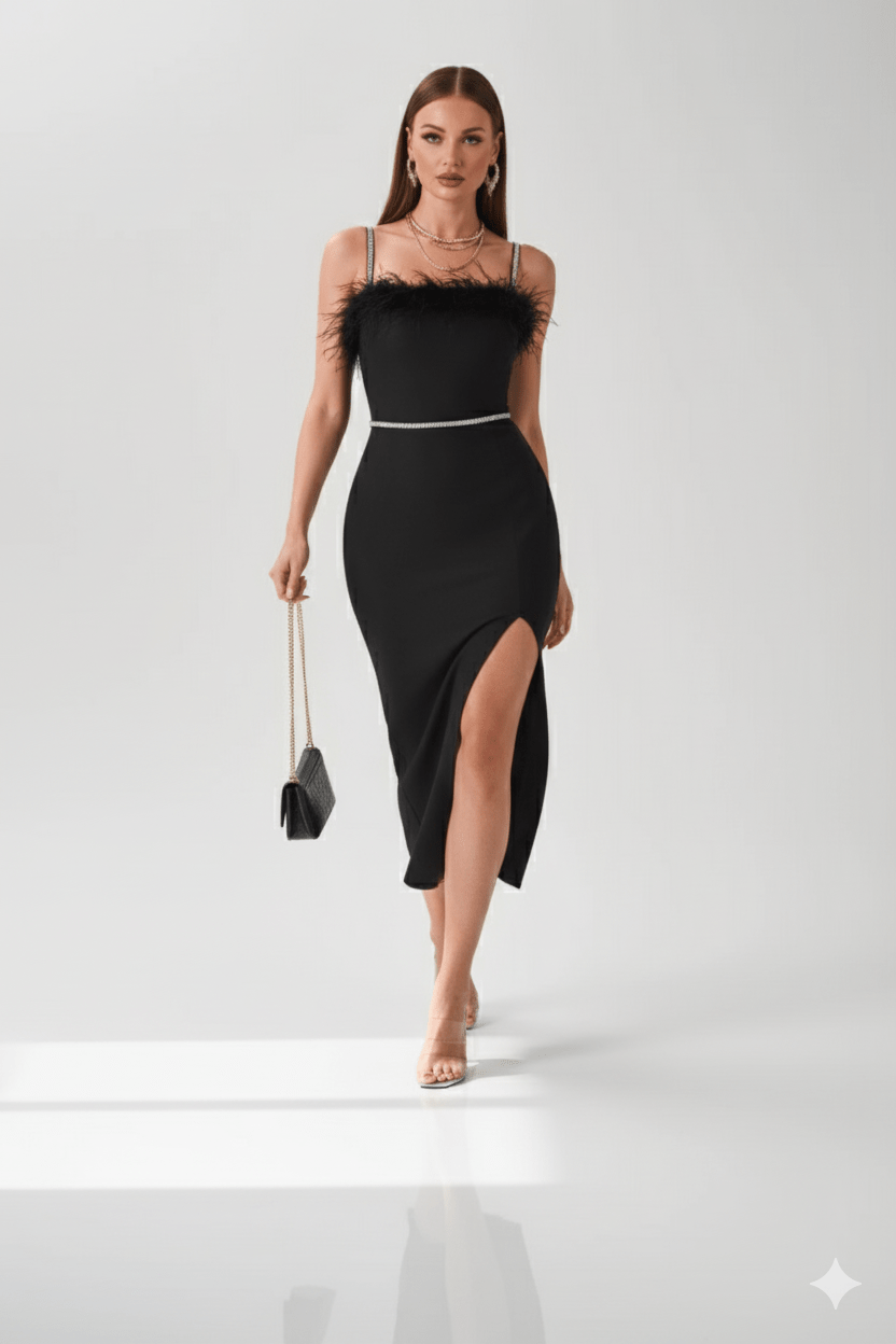 Verona Luxe Feather - Trim Strapless Crystal Bandage Dress by Luxe Lane | from Luxe Lane | SKU:  | Barcode:  | Options: Red XS | Verona Luxe Feather - Trim Strapless Crystal Bandage Dress