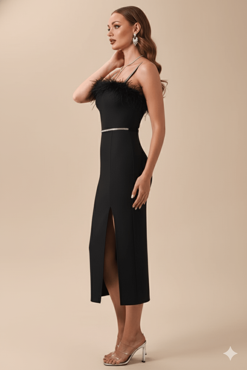 Verona Luxe Feather - Trim Strapless Crystal Bandage Dress by Luxe Lane | from Luxe Lane | SKU:  | Barcode:  | Options: Red XS | Verona Luxe Feather - Trim Strapless Crystal Bandage Dress