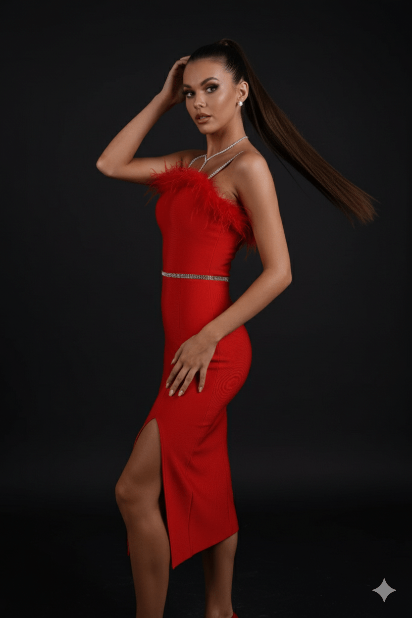 Verona Luxe Feather - Trim Strapless Crystal Bandage Dress by Luxe Lane | from Luxe Lane | SKU:  | Barcode:  | Options: Red XS | Verona Luxe Feather - Trim Strapless Crystal Bandage Dress