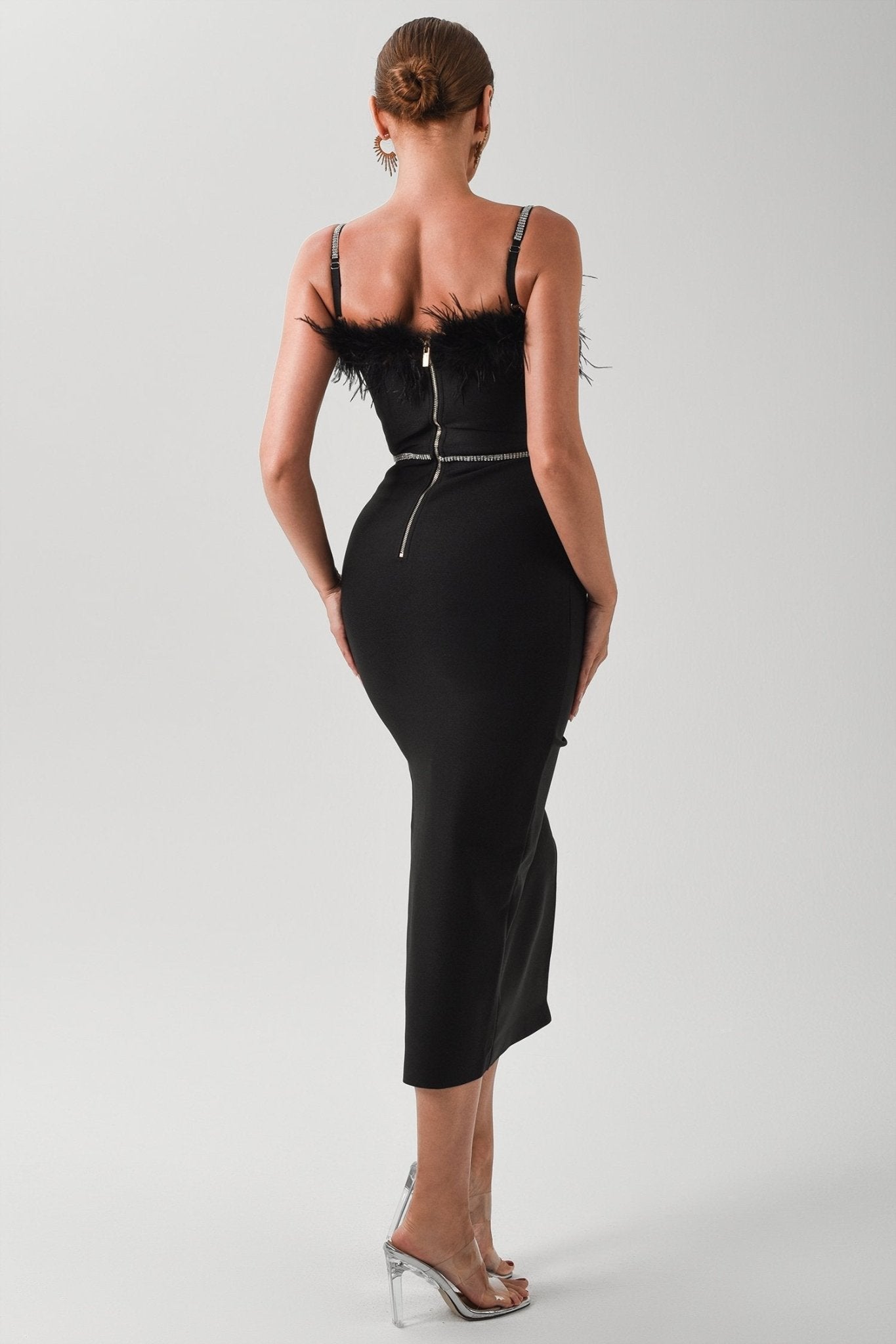 Verona Luxe Feather - Trim Strapless Crystal Bandage Dress by Luxe Lane | from Luxe Lane | SKU:  | Barcode:  | Options: Red XS | New Arrival Feather Dinner Party Dress Women Sexy Lady Belt Elegant Fur Vestido Bandage